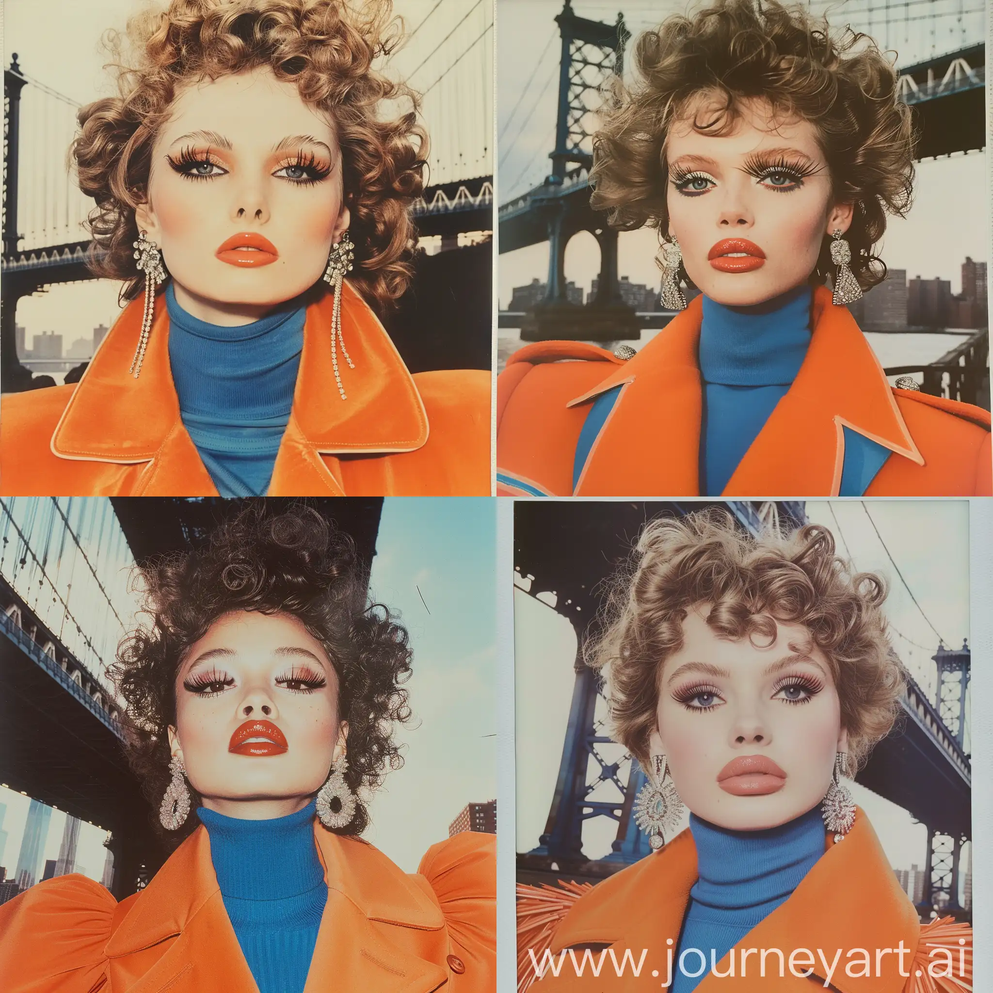 1980 Elle fashion, New York bridge, fashion model, детальная проработка глаз, длинные ресницы, пухлые губы, кудрявые волосы, химическая завивка 80-х, укладка 1980, реалистичная поза, оранжевое пальто с широкими плечами, синяя водолазка, крупные серьги с камнями, 
Dolce &Gabbana iconic, высокая мода, Polaroid photoshoot