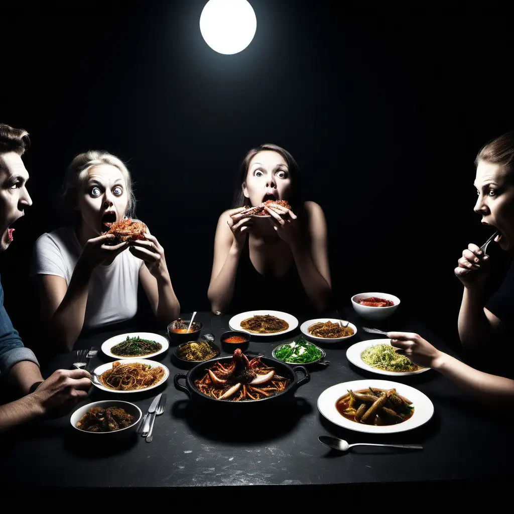 Erstelle ein dinner in the dark mit widerlichen speisen. 4 menschen sitzen sabbernd am tisch
