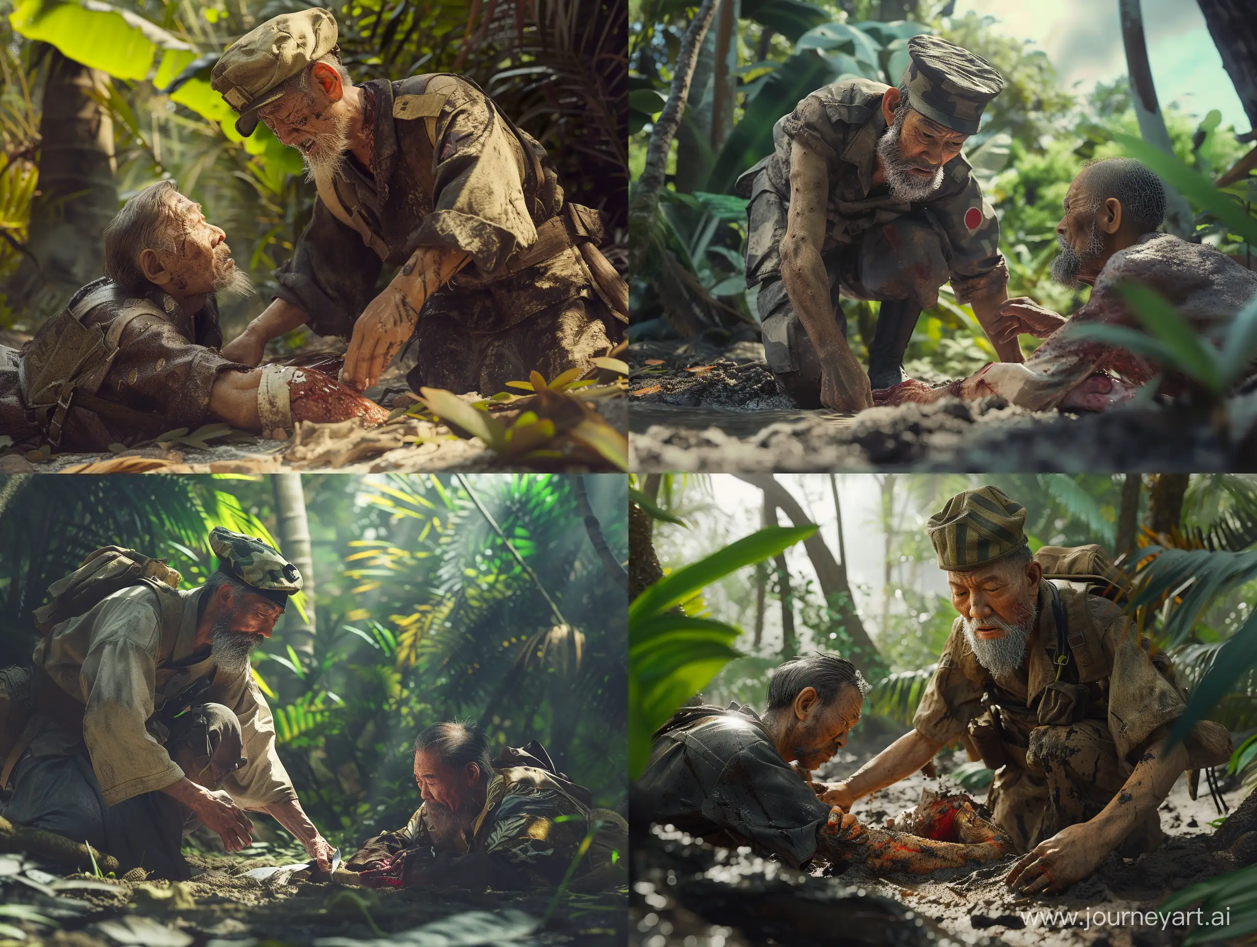 a japanese WW2 old soldier wearing outworn clothes and a fatigued cap on the head with a short beard in the forest on a tropical island helping a wounded comrade on the ground, matte painting, RTX on， volumetric light