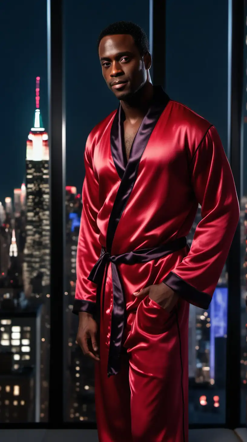 Handsome Black man, wearing Crimson, silk pajama set, with Black piping, wearing Black, Silk Robe with Crimson Piping, standing near large windows in Penthouse, over looking New York sky line, Fireworks in the sky in the distance Ultra 4k, high definition, 1080p resolution, lighting is volumetric