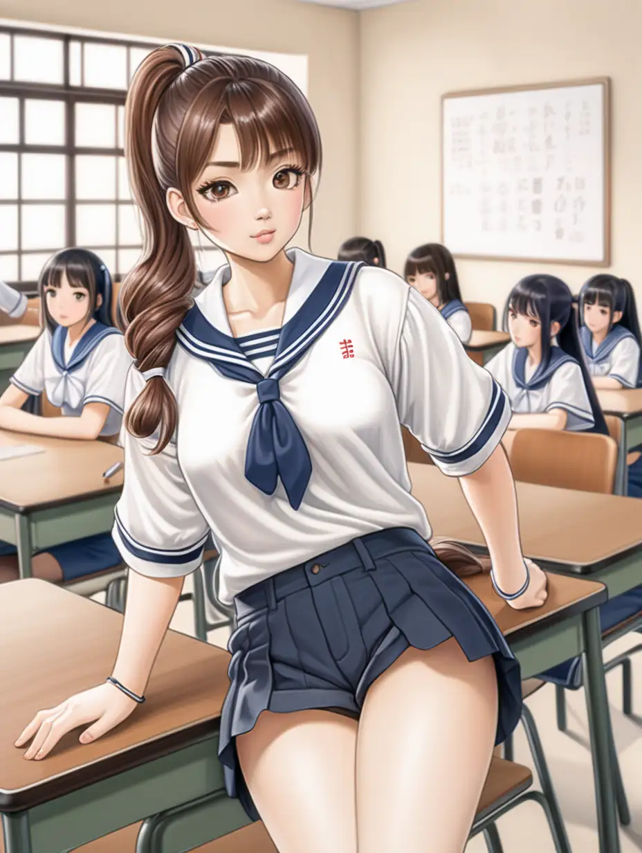 Aloof Japanese Woman in Sailor Shirt Classroom Portrait