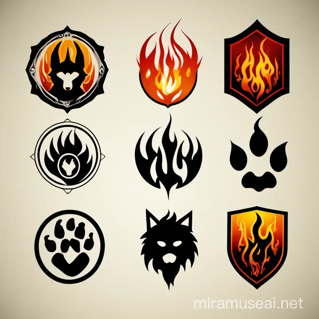 Generate a vectographic logo for a fictional company named 'Furry HellGate.' The logo should blend elements of both 'furry' and 'HellGate' themes, incorporating symbols such as flames, gates, and furry textures. Utilize bold, fiery colors like red, orange, and yellow to convey the HellGate theme, while integrating animal silhouettes or paw prints to represent the furry aspect. The logo should be visually captivating and versatile for digital and print applications. Ensure the design is original and unique, capturing the essence of the company's name and identity without incorporating any typography