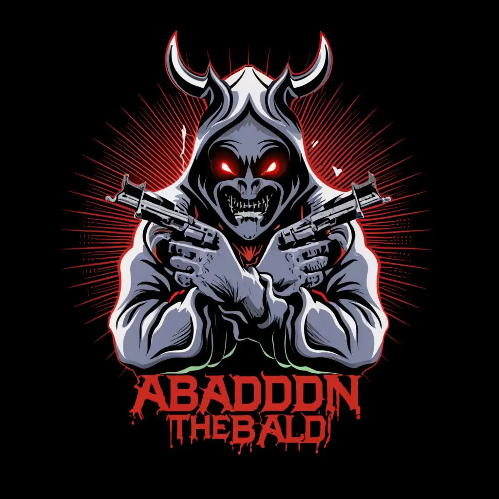 logo, Demon in a hoodie red glowing eyes holding sub machine guns, with the text "ABADDONTHEBALD", typography