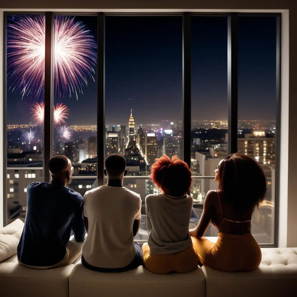 a group of african american friends friends sitting in a clean pent house room with their backs turn facing a window with each person holding a glass of wine while  having a clear view of new years fire works 