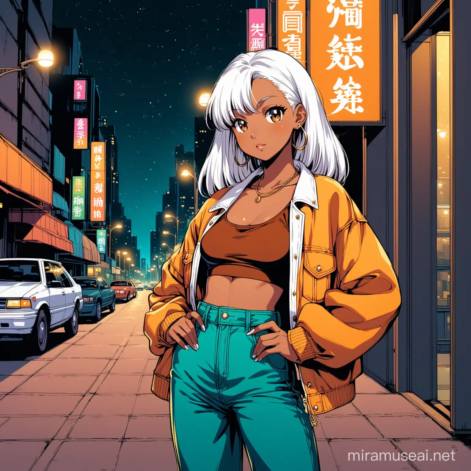 Draw a 90s anime-styled girl with dark brown skin and white hair, high quality, standing outside at night in the city, cowboy shot, relaxed pose, and wearing late 90s-00s era styled clothing. 