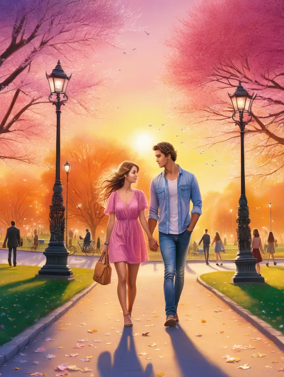 The book cover of a contemporary, romance novel, bright fluffy colours, young couple walking in the park, sunset