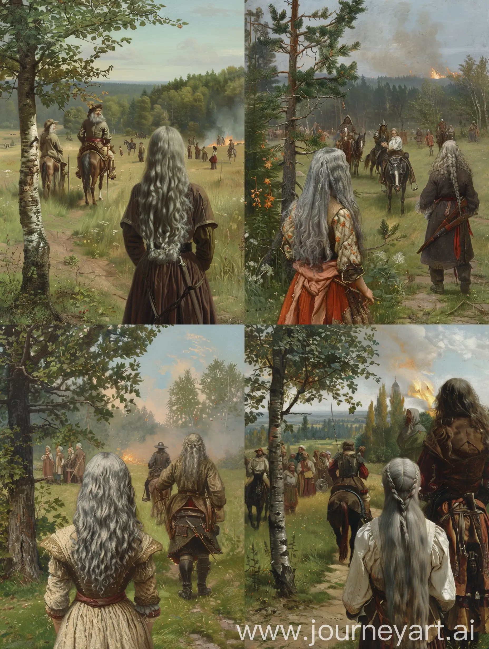 Young-Girl-Tila-Confronts-Evil-BanditsRiders-near-Rowan-Tree-amidst-Peasant-Uprising-and-Forest-Fire-18th19th-Century-Summer-Scene