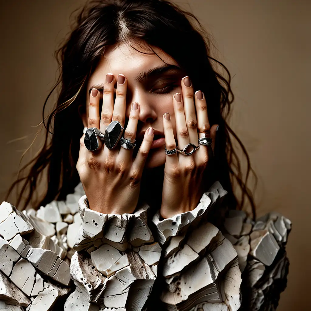 Mysterious Model with Rock Rings Concealing Her Face
