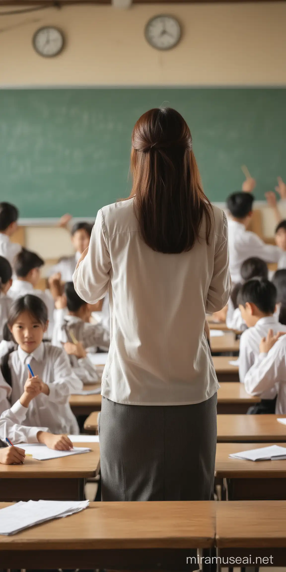 teacher teaching in the classroom view from behind with students listening blurry background in asia