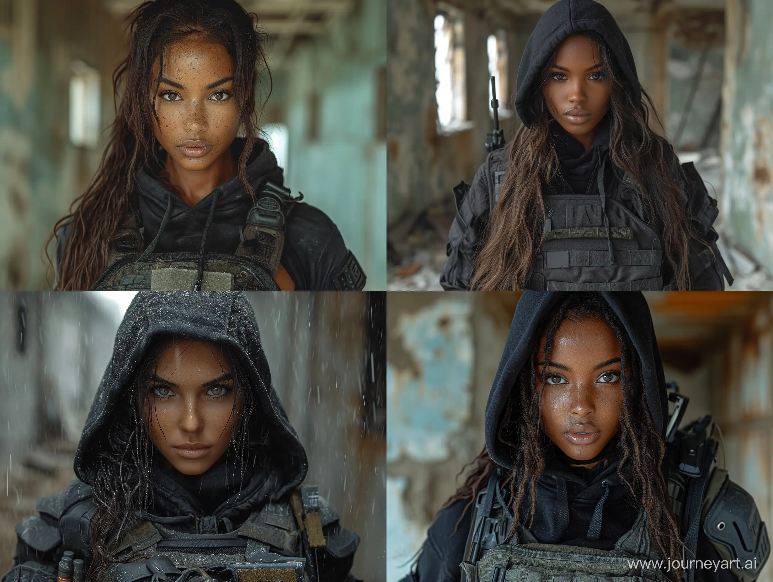realistic beautiful mulatto skin female Sheva Alomar as mercenary in black tactical platecarrier  black hoodie dark abandoned room --s 999 --style raw --v 6