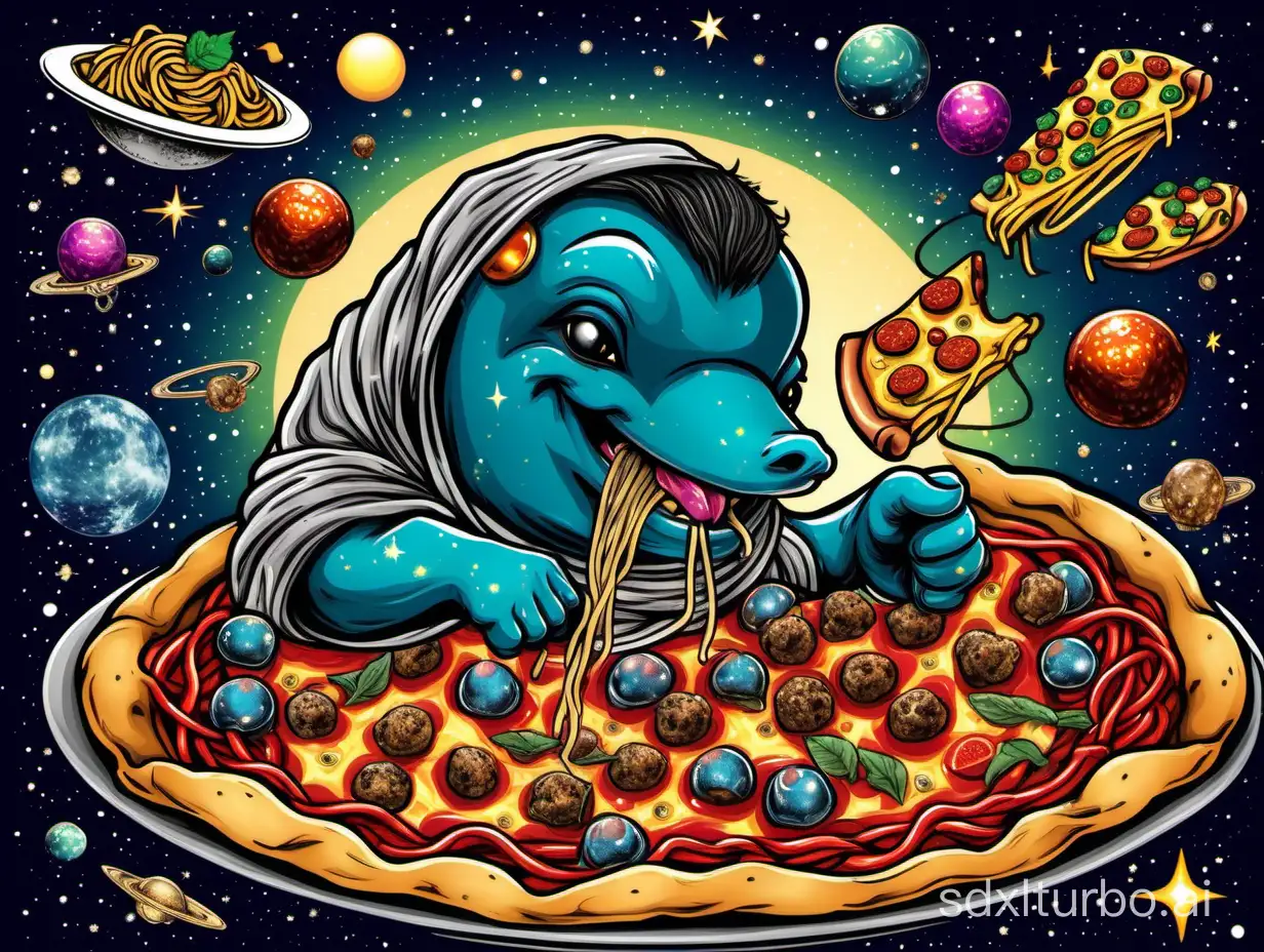 Playful Dolfin eating pizza and spaghetti and meatballs in deep space with Indian style jewelry and tattoos