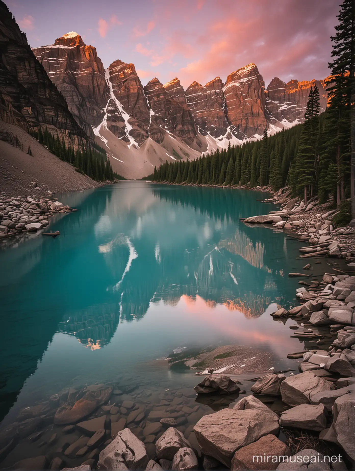 a wonderful photograph from a sunet in Moraine Lake, serne feelings, nostalgic vibes, wonderful colors