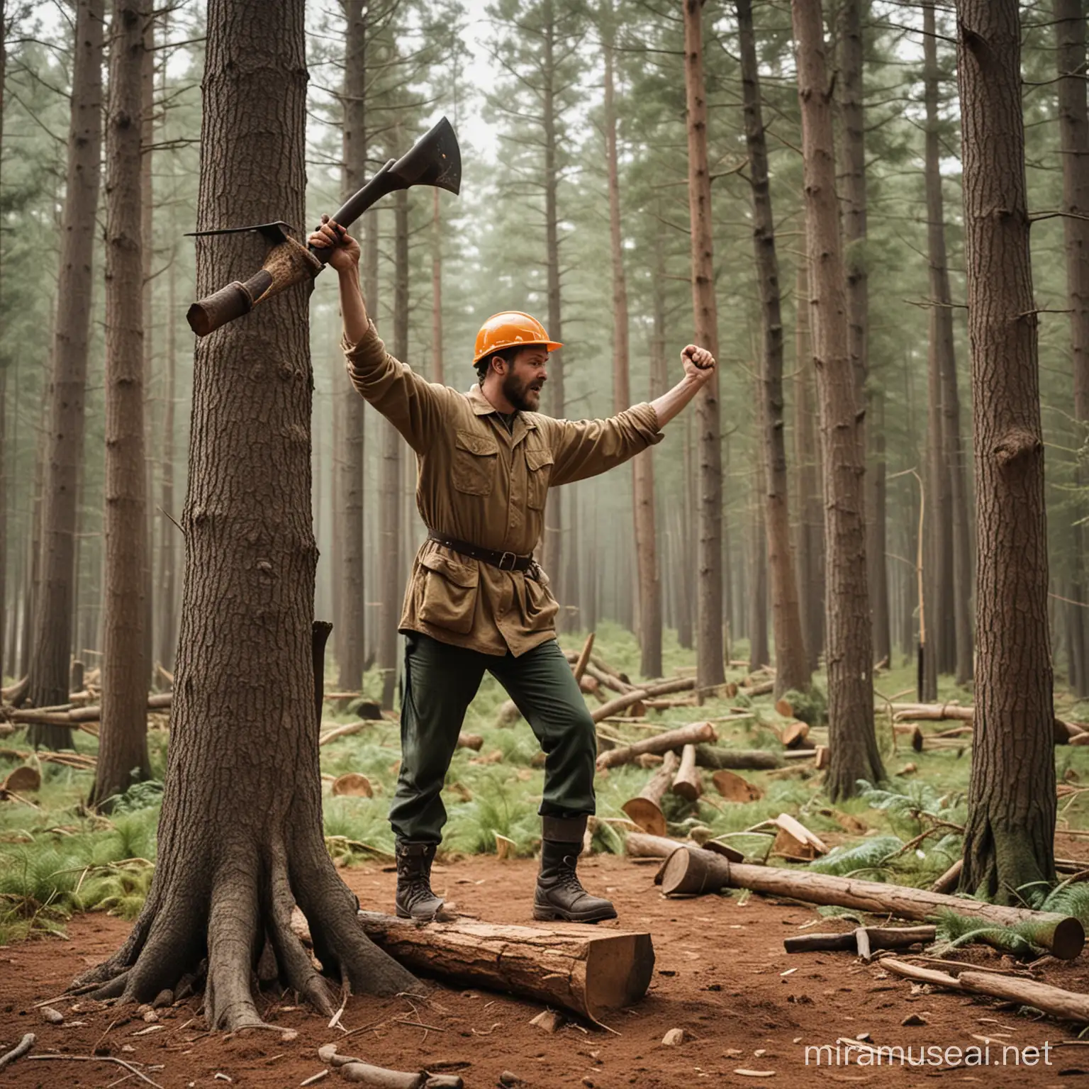 Posture: A forest worker, the back straight, one hand above shoulder level, standing on two bent legs at the knees, felling a tree using an axe above the head.