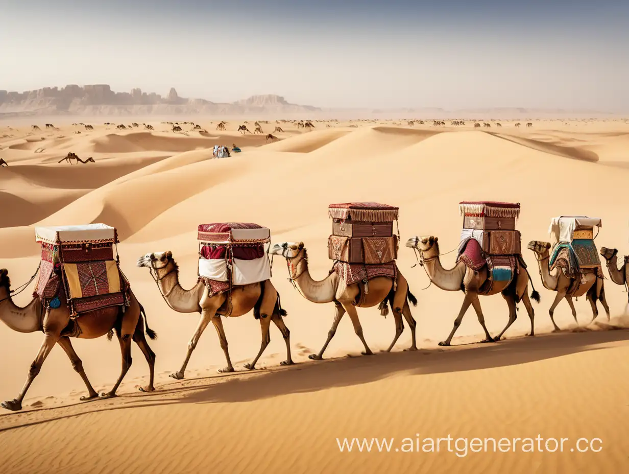 Длинный караван верблюдов, они несут на спине богатые сундуки с драгоценностями, впереди них идет бедуин. Вид издалека