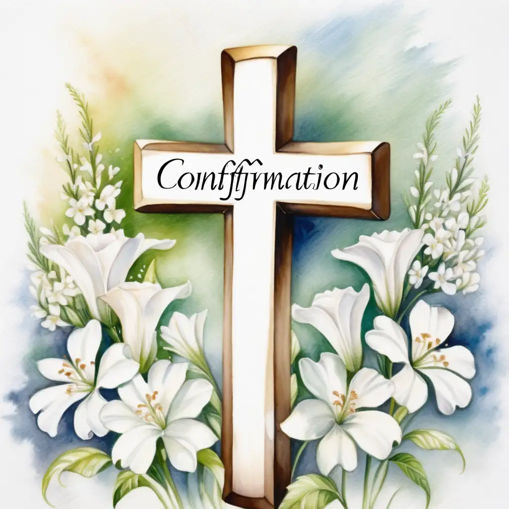 Konfirmation , kors, bibel, vita blommor I vattenfärg 