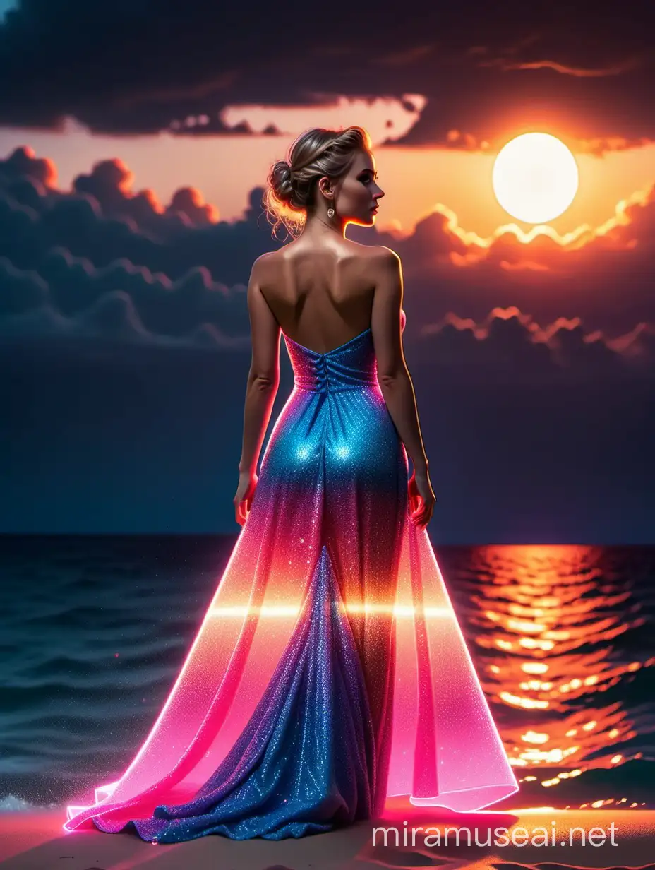 Pixel art,Aivision,High quality, 8K Ultra HD, A beautiful double exposure that combines the silhouette of a stunning woman wearing glitter pink Long gown (full body), blue prety eyes, red full mouth , short hair,with a sunset storm at sea, the beautiful sunset should serve as the underlying backdrop, with its details incorporated into the woman, crisp lines, sharp focus, double exposure,  neon colors