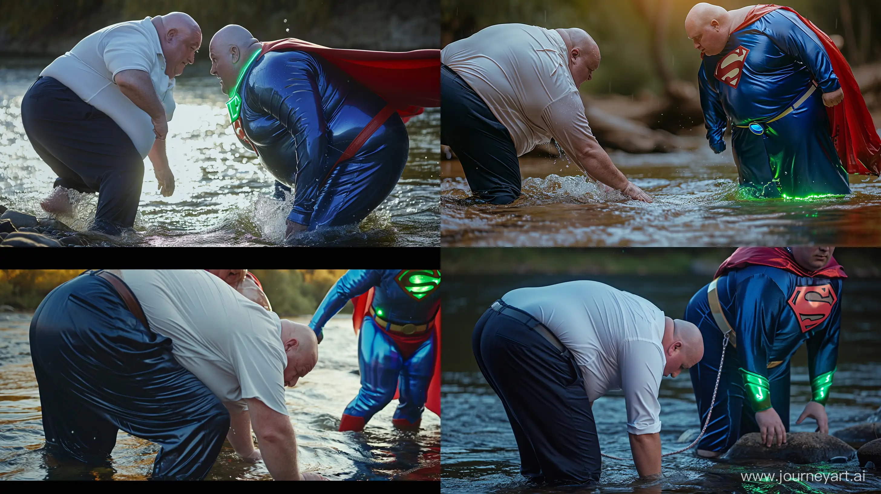 Close-up photo of a chubby man aged 60 wearing silky navy business pants and a white shirt, bending over and kicking in the water another chubby man aged 60 wearing a silky blue superman costume with a large red cape and a green glowing small short dog collar. River. Bald. Clean Shaven. --style raw --ar 16:9 --v 6