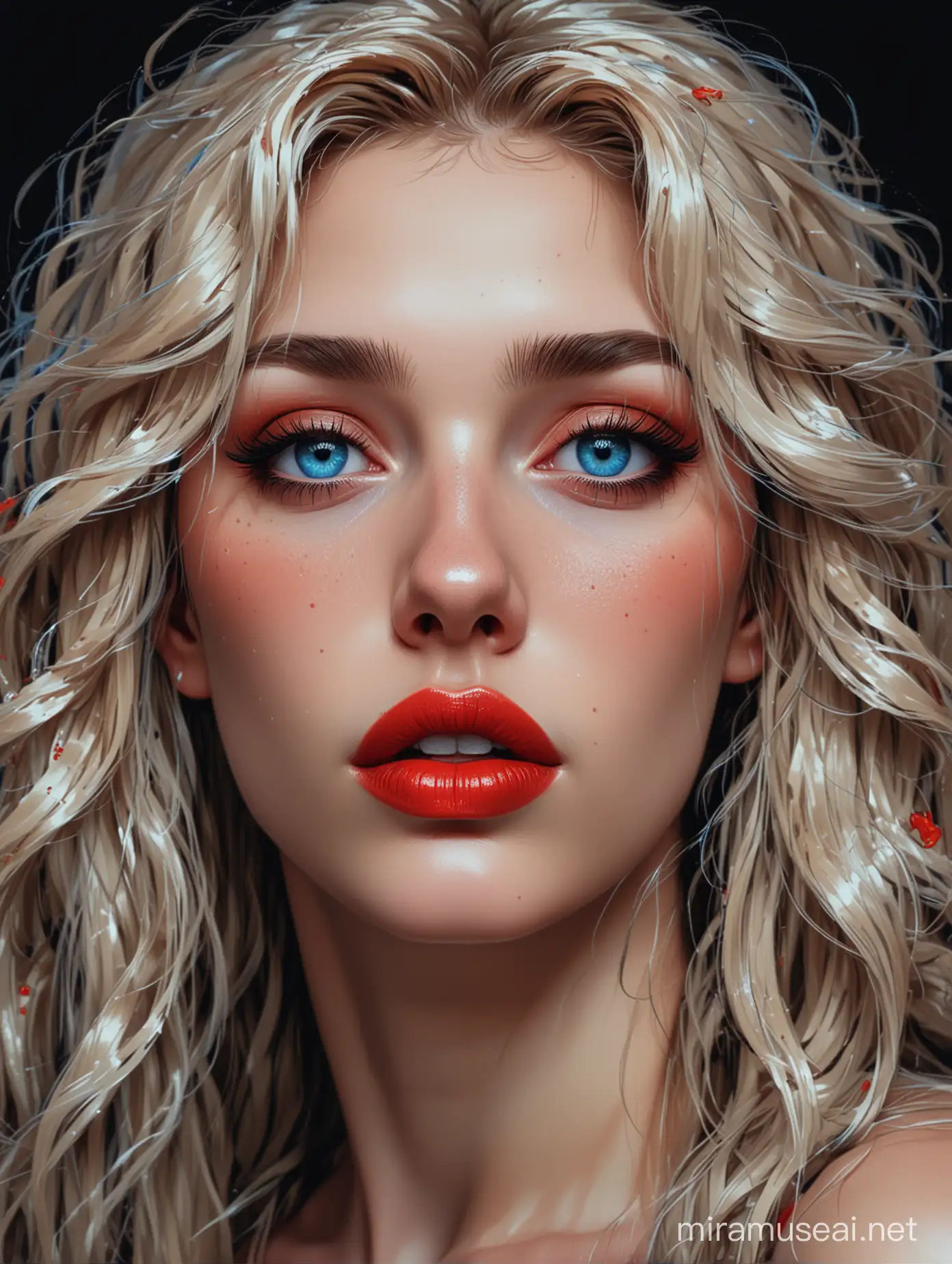 Pixel art, Alviision , Inside the most beautiful people are often hidden deep depression and eyes full of sadness . a woman with long hair falling over her shoulders , full red lips , by Michelangelo . Realistic , ultra - detailed , blue eyes . Sorrow , sadness in her look, strong neon colors