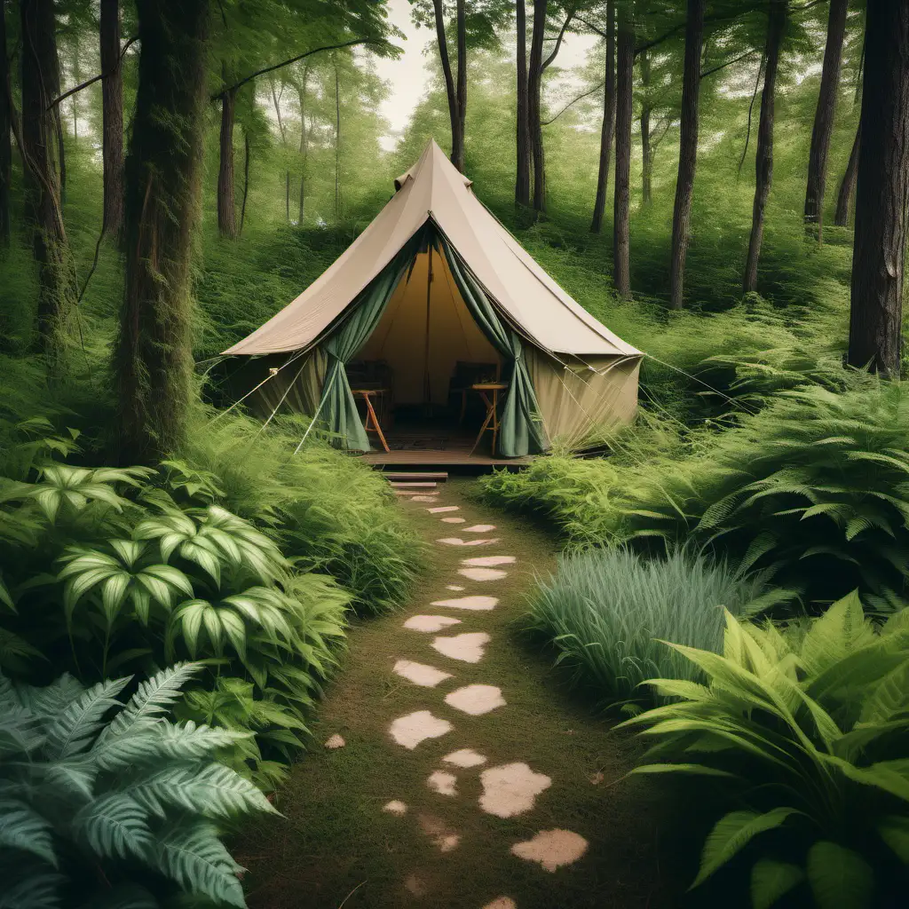 path in green forest leading to a canvas tent set amidst green plants. Add some colorful plants. old fashioned moody and rustic feel