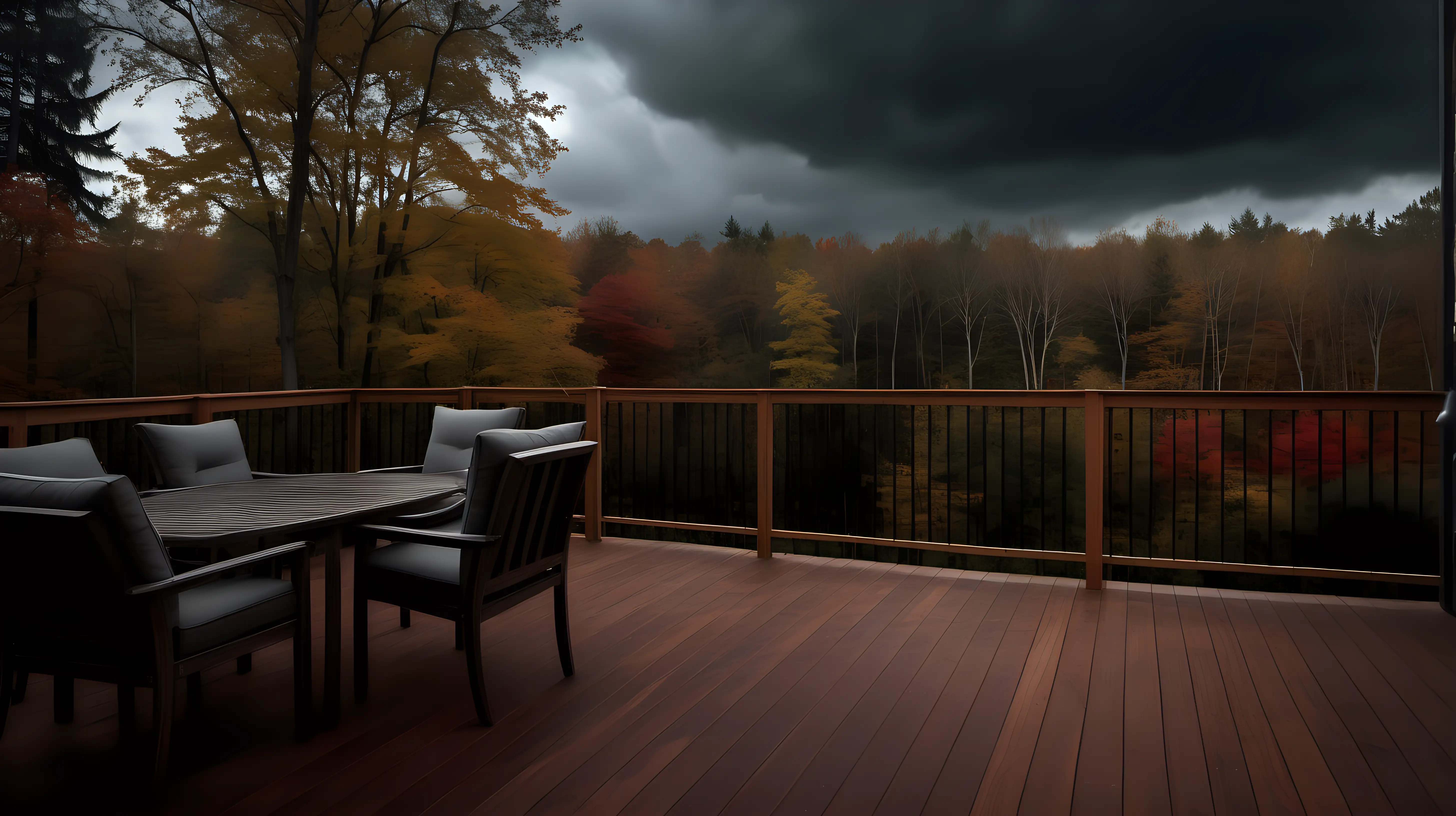 A wooden deck with patio furniture, looking out towards a forest in autumn at dusk, dark clouds overhead. Sharp focus, photographic quality, cinematic lighting.