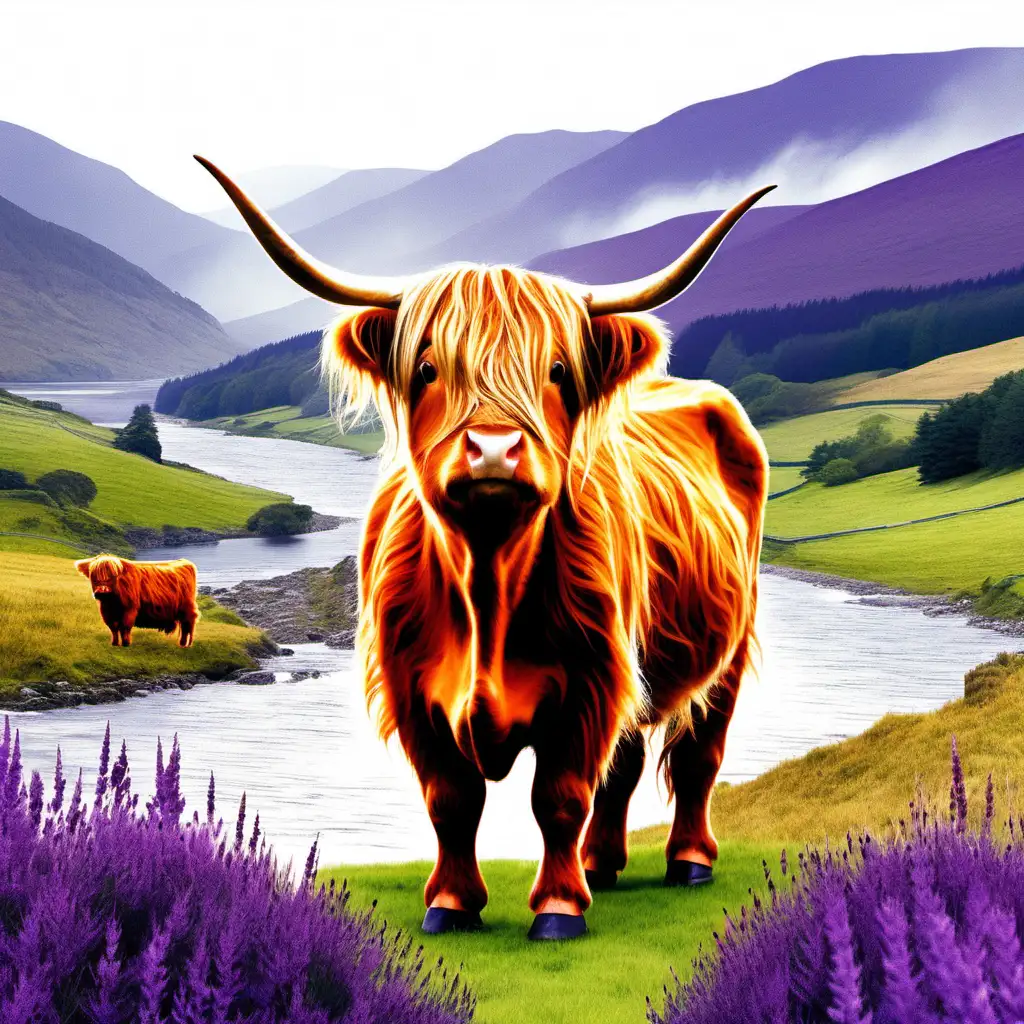 Design me an image for use printed on a Mug. I want a Highland Cow in a field with purple heather hills in the background, a river in the foreground. Please make it a watercolour