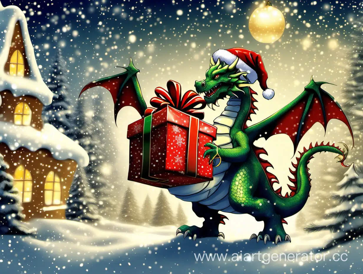 A dragon adorned with a Christmas garland and a Santa Claus hat brings gifts for New Year and Christmas. The festive dragon cheerfully walks through the magical snow on an enchanting New Year's Eve, and in his claws, he holds a sack of mysterious gifts. He brings joy and the magic of the New Year, ready to delight everyone with his kindness and mysterious surprises. The New Year's card features a blank space for a signature.