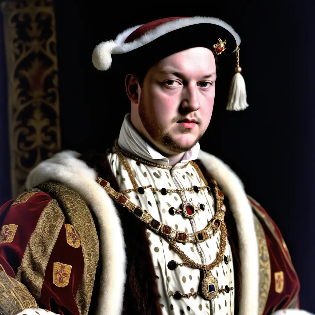 Enrique VIII: Un joven de 17 años, con mirada seria y reflexiva, vestido con ropajes reales, pero con un toque de incertidumbre en su expresión.