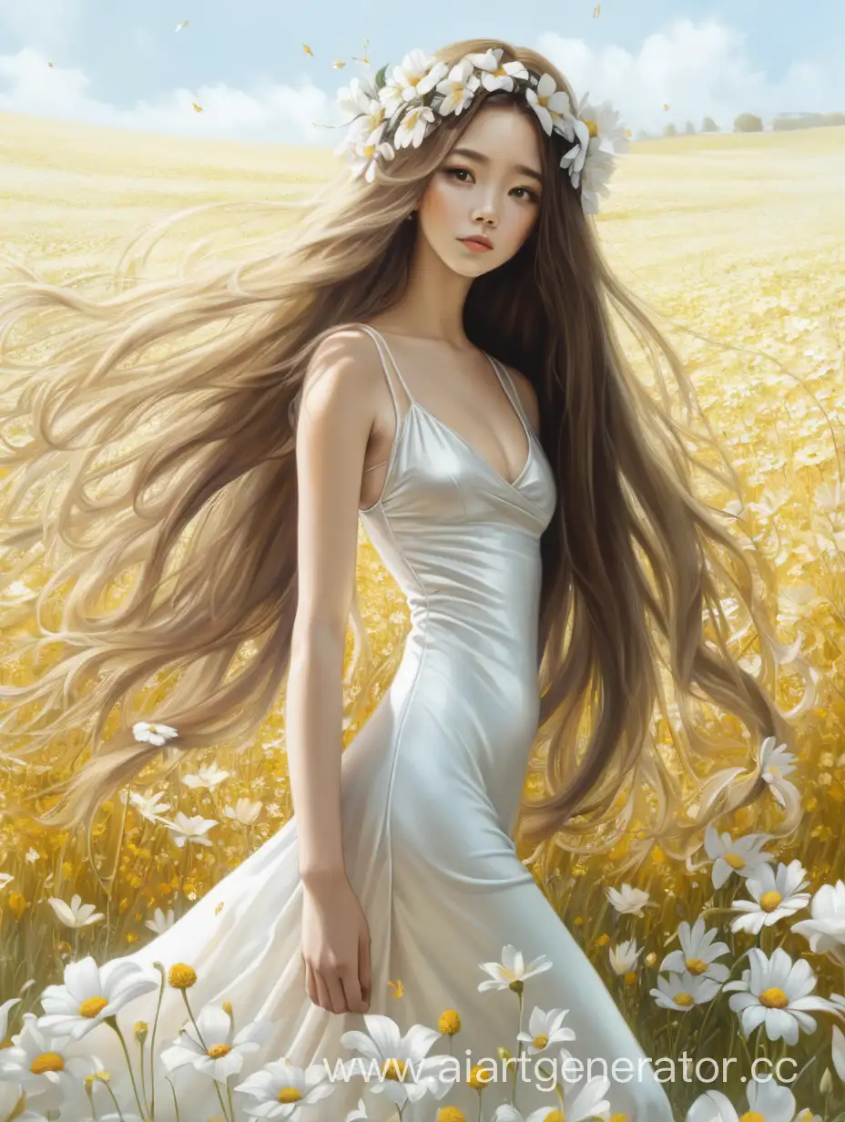 Woman-with-Long-Hair-Surrounded-by-Flower-Field-in-White-Silk-Dress