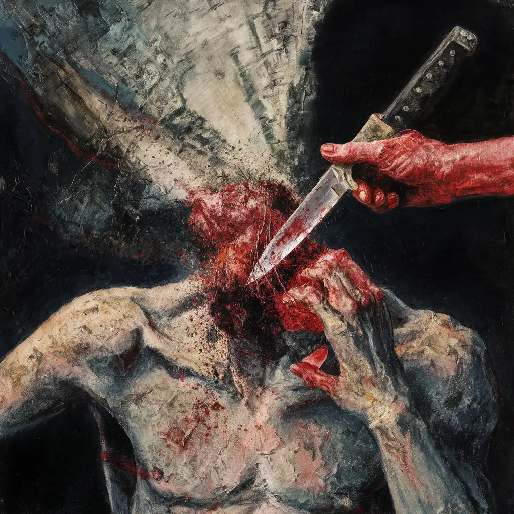 Knife's Impact, vivid contrast of colors, intense texturing, abstraction of violence, psychological shock, powerful emotional response, Frederic Paul