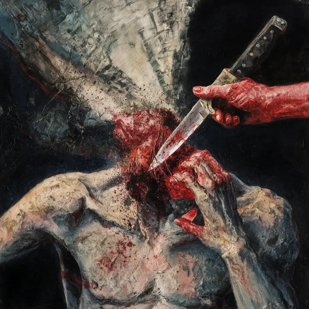 
Knife's Impact, vivid contrast of colors, intense texturing, abstraction of violence, psychological shock, powerful emotional response, Frederic Paul