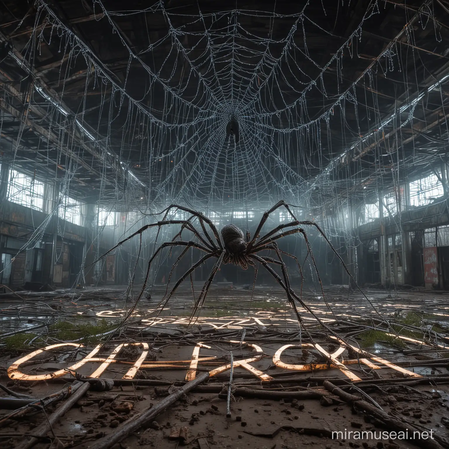 гигантский паук крупным планом, плетёт неоновую паутину, в паутине запутался человек, на фоне кибер-будущее и пост апокалипсис, место Чернобыль, возле надписи город Припять
