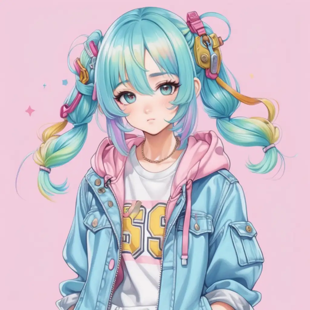anime unique character design single character, lots of accessories and detailed outfit, unique hair, non-human features, cute, casual, everyday outfit, CASUAL, asymmetrical, bright colors, pastels, multi-colored hair, unique features, single character