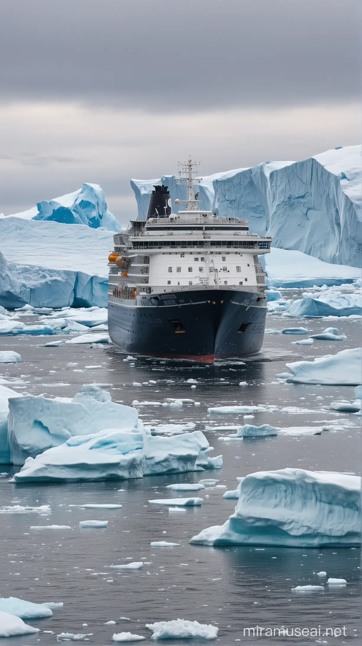 Majestic Cruise Ship Sailing Past Glacial Icebergs
