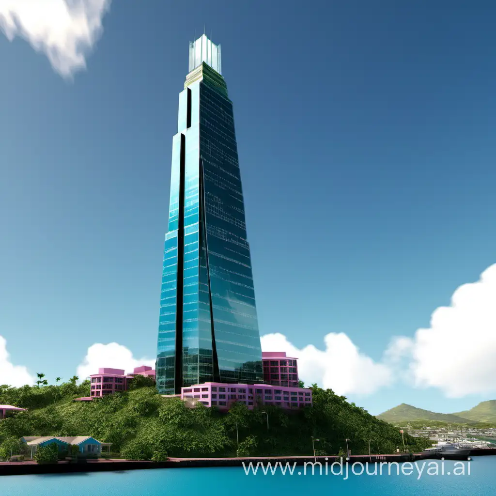 Generate the tallest building in the world in st. John's Antigua. Use glass finish, wide at the bottom and narrow at the top.  Show people and cars



