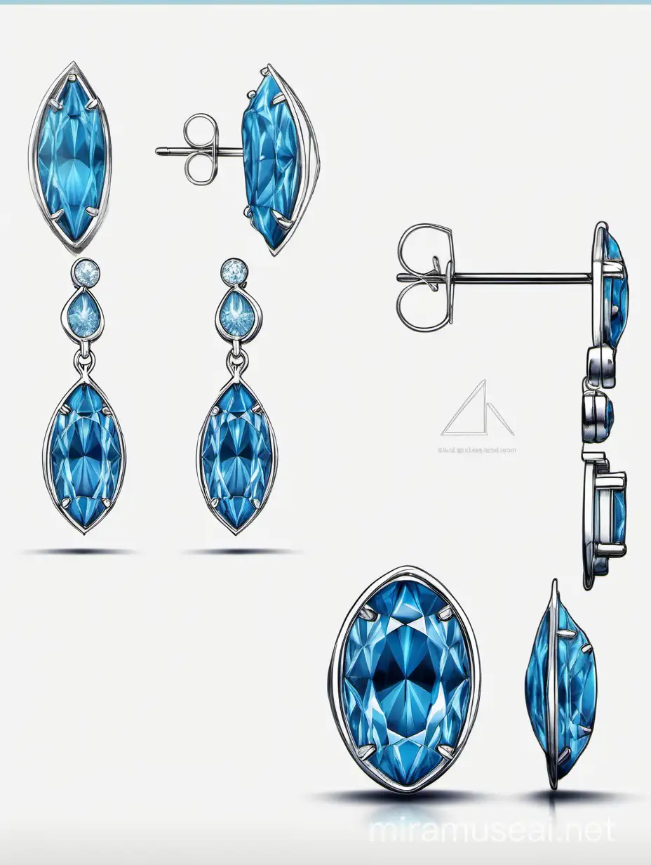 Design sketch with a front, side and rear view of a very delicate fine earrings, simple shape and minimalist design featuring a 10mm blue gemstone with realistic shapes. Backgrounds should be White like design Pencil as Photoshop Sketch.
