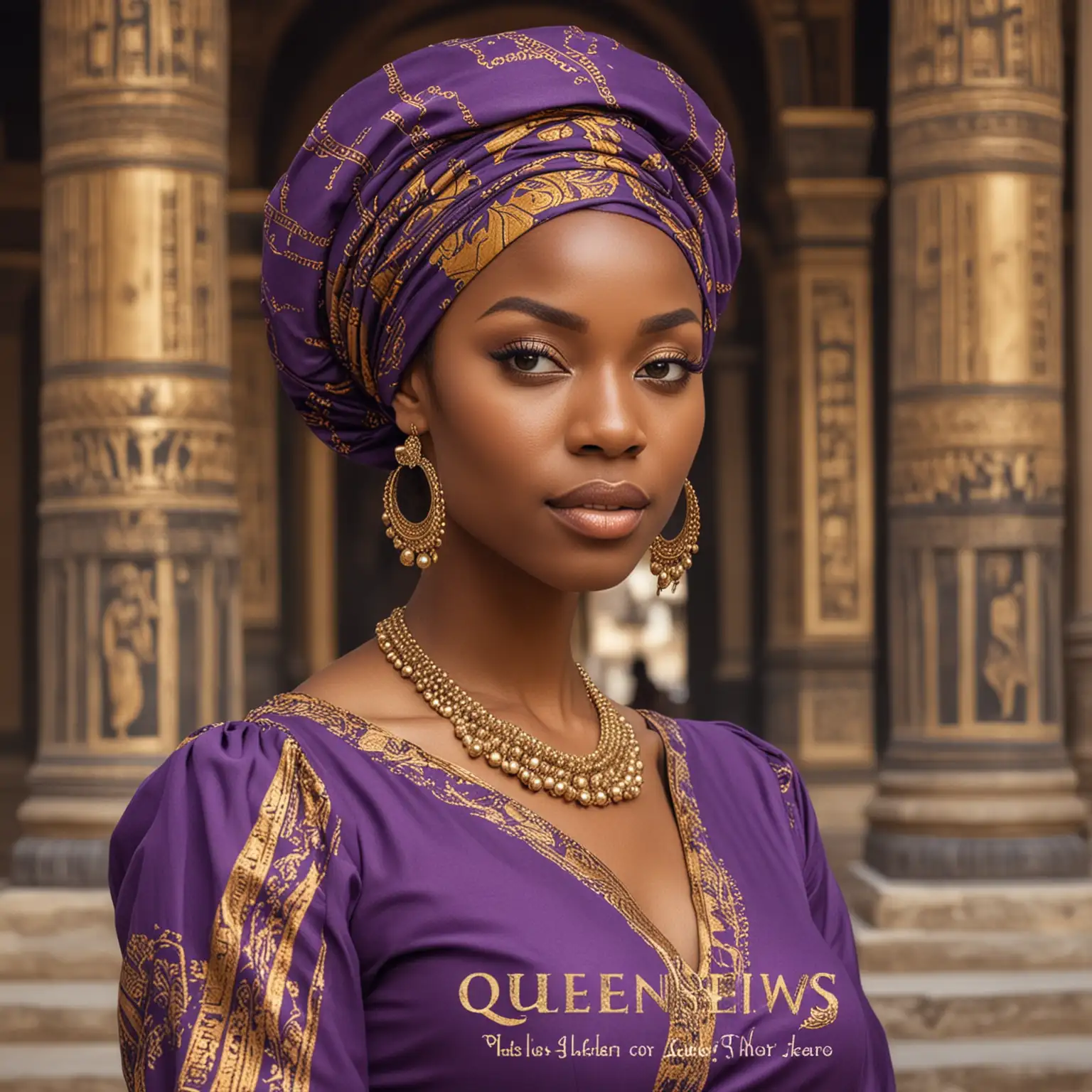 Graceful Black Woman in Purple and Gold Dress with Head Wrap at Temple