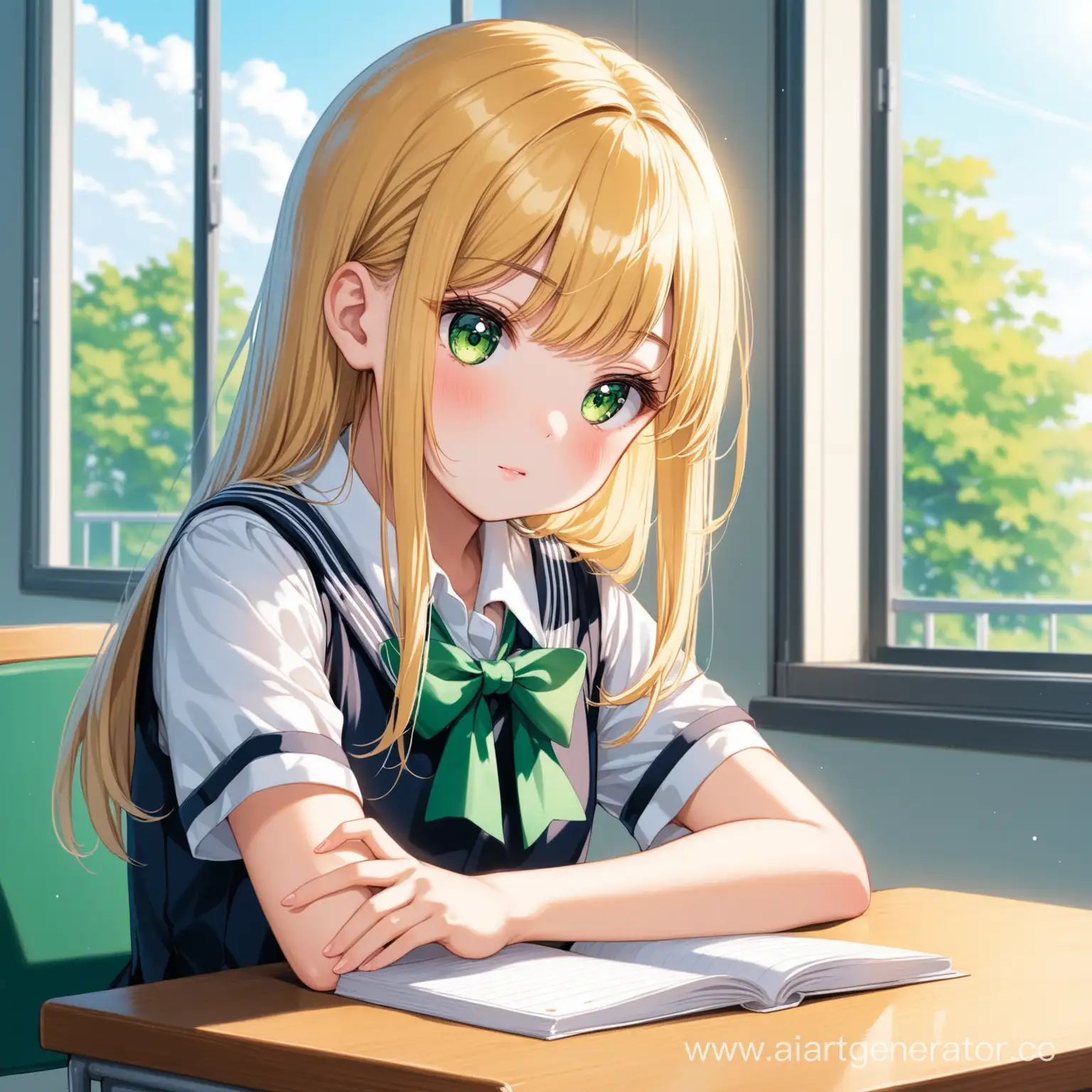 girl, big beautiful green eyes, sweet face, short stature, long blonde hair with straight bangs, She is dressed in a female school uniform, she is sitting at a desk near the window at school