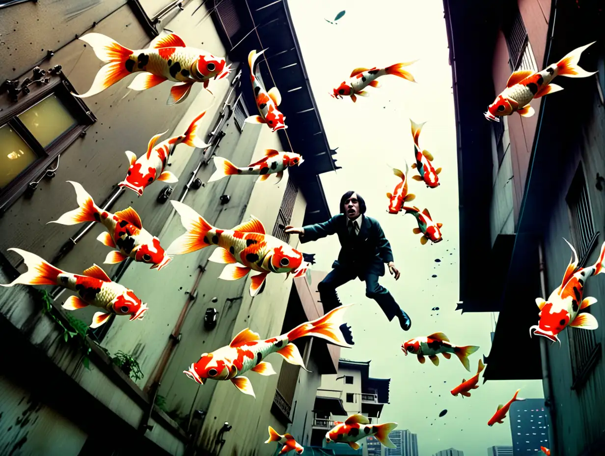 Vintage Horror Movie Scene with Flying Koi Fish in Urban City