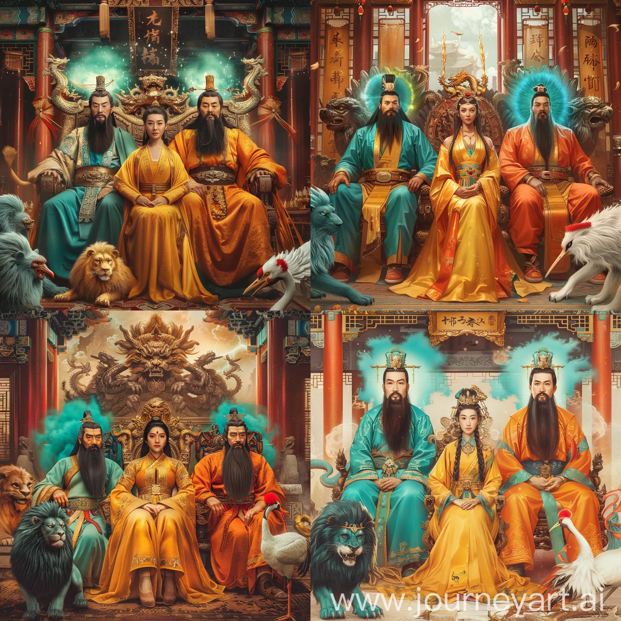 two Chinese Han dynasty Emperors with mid-long black beards and aurora behind their head are sitting on their thrones,

the left one in turquoise clothes,
the right one in orange clothes,

a 50 years old Chinese middle-aged empress sits on her throne in the middle, between the two emperors, she is in deep yellow clothes,

an azure lion on left side and a white red-crowned crane on right side, they are before the emperors,

they are all inside a splendid Chinese Palace,