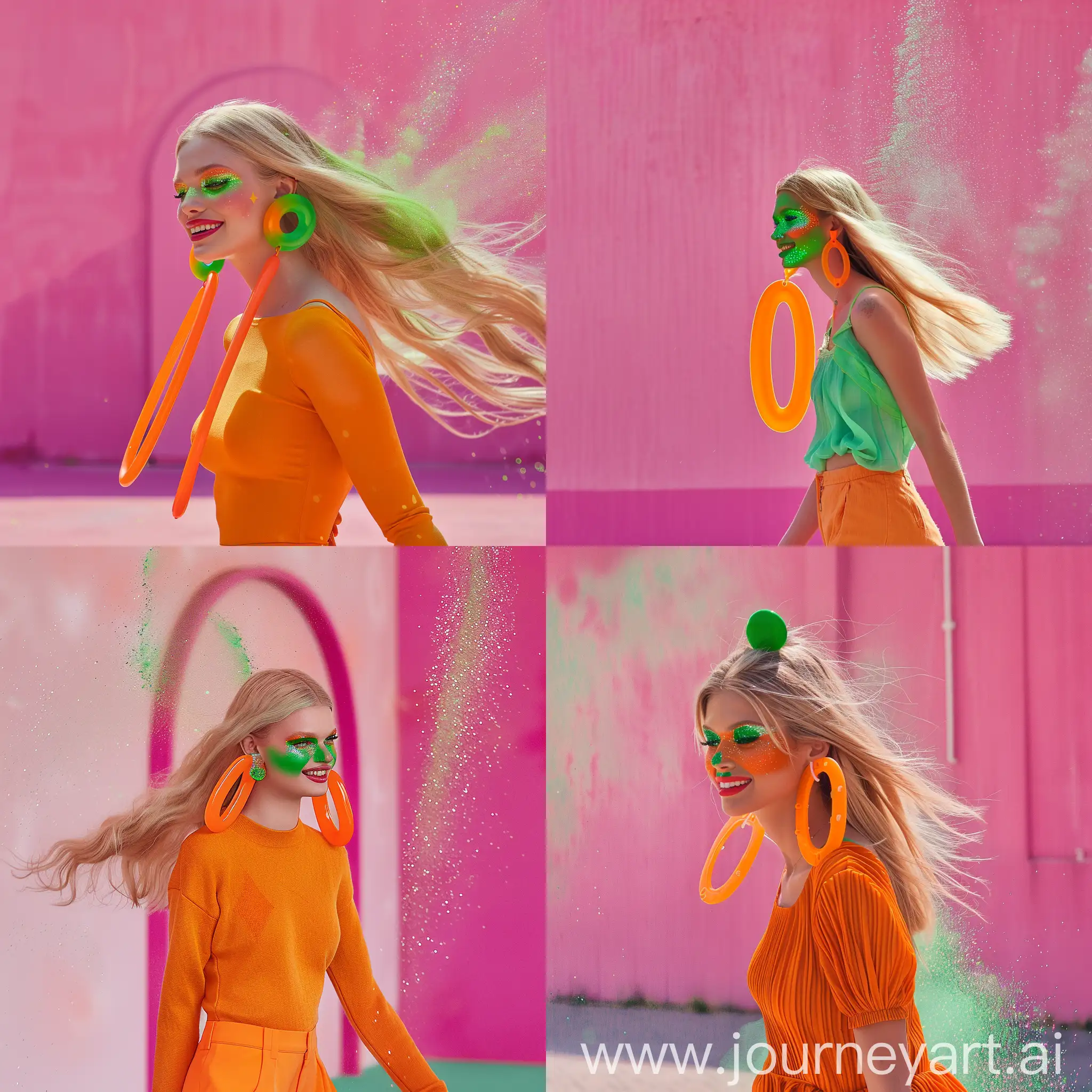 crea foto di modella bionda, allegra, con un trucco verde e arancione, lucidalabbra verde, indossa orecchini ovali e lunghi di plastica arancioni, sfila, lo sfondo è un muro rosa, c'è una polvere di glitter nell'aria, figura intera, realistica, alta definizione 