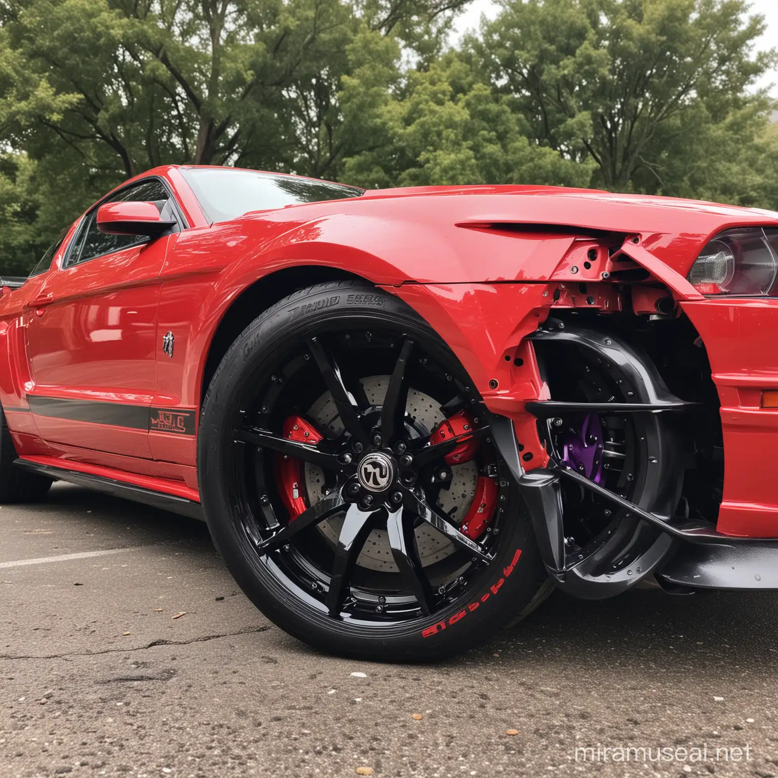 red mustang car with black rims and purple caliper

