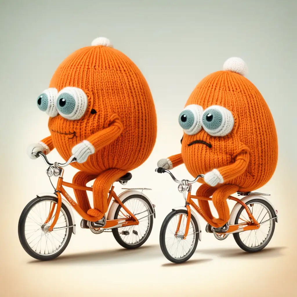 two large blobs both with two eyes, with small legs, wearing orange and white knitted  sweaters, caps on their heads riding retro bicycles 