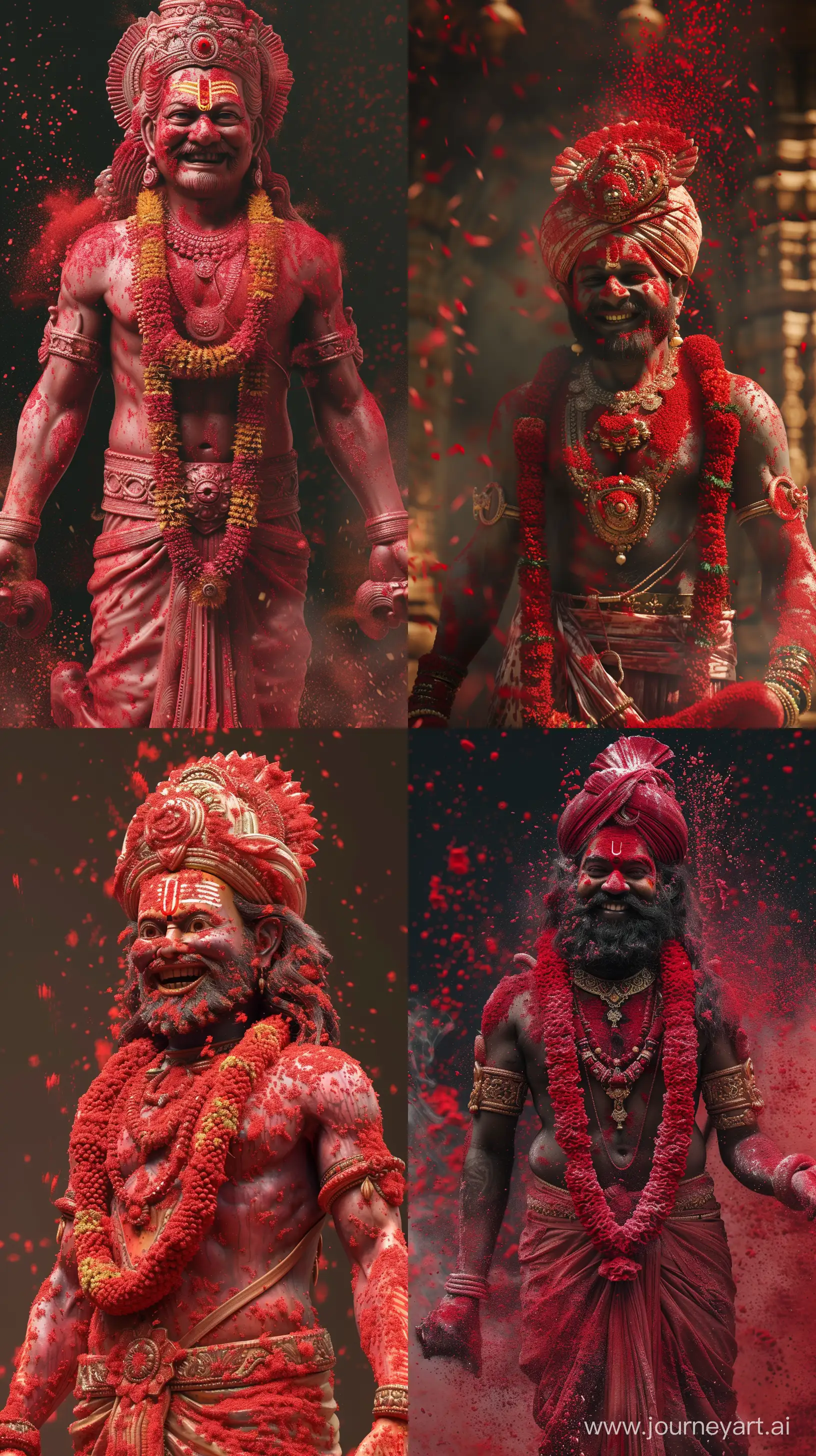 Realistic colorful images depicting Lord Hanumān from Hinduism covered in red powder, standing with a smile, intricate details, 8k, close-up image --ar 9:16