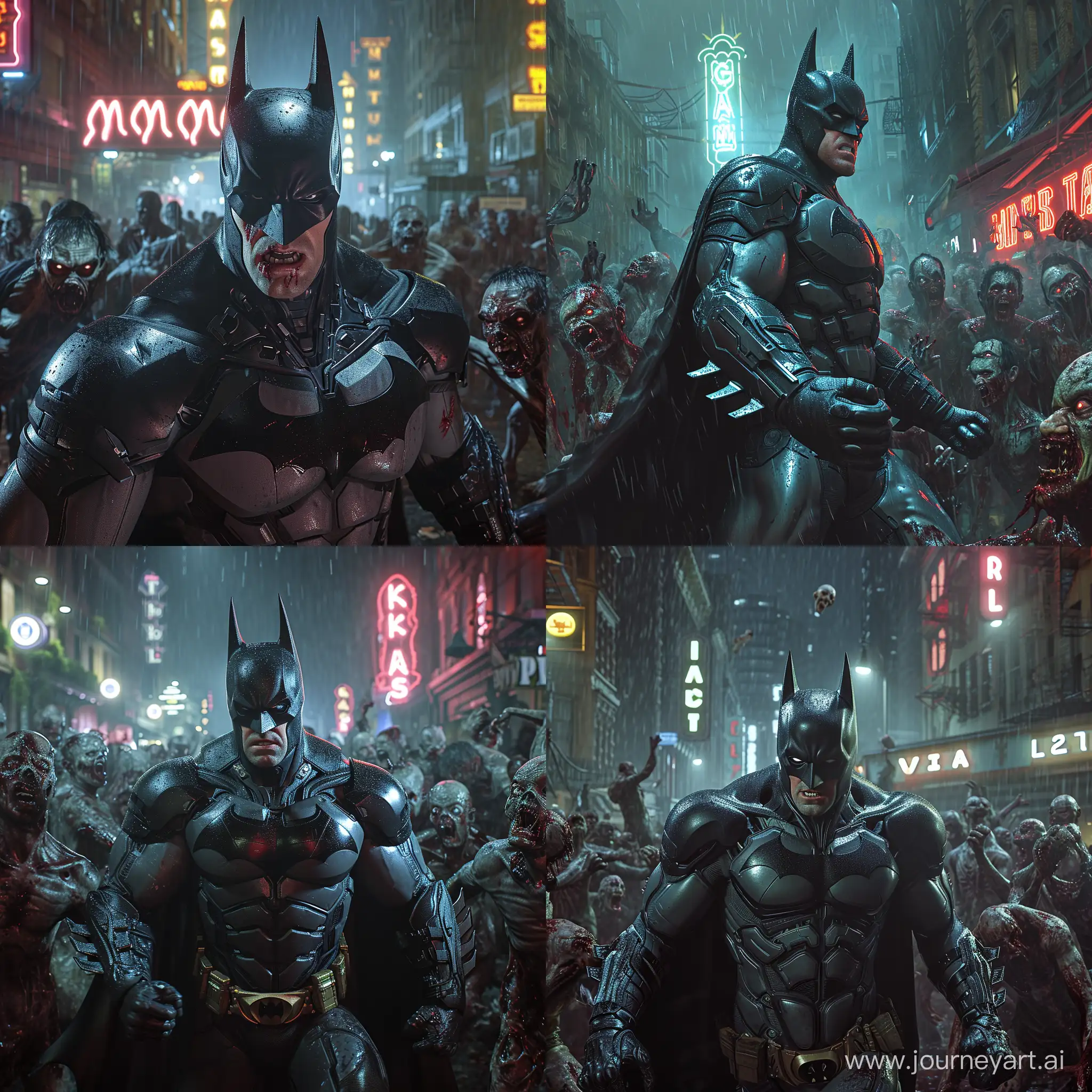 Ultra realistic,batman beyond in a black shining armour,tall and muscular,in a rainy night,neon lighting in the background,obsolete building,fighting zombies,many zombies surrounding batman,the zombies have blood on their eyes and mouth,monstrous,evil,brutal,sony alpha 1 - v6