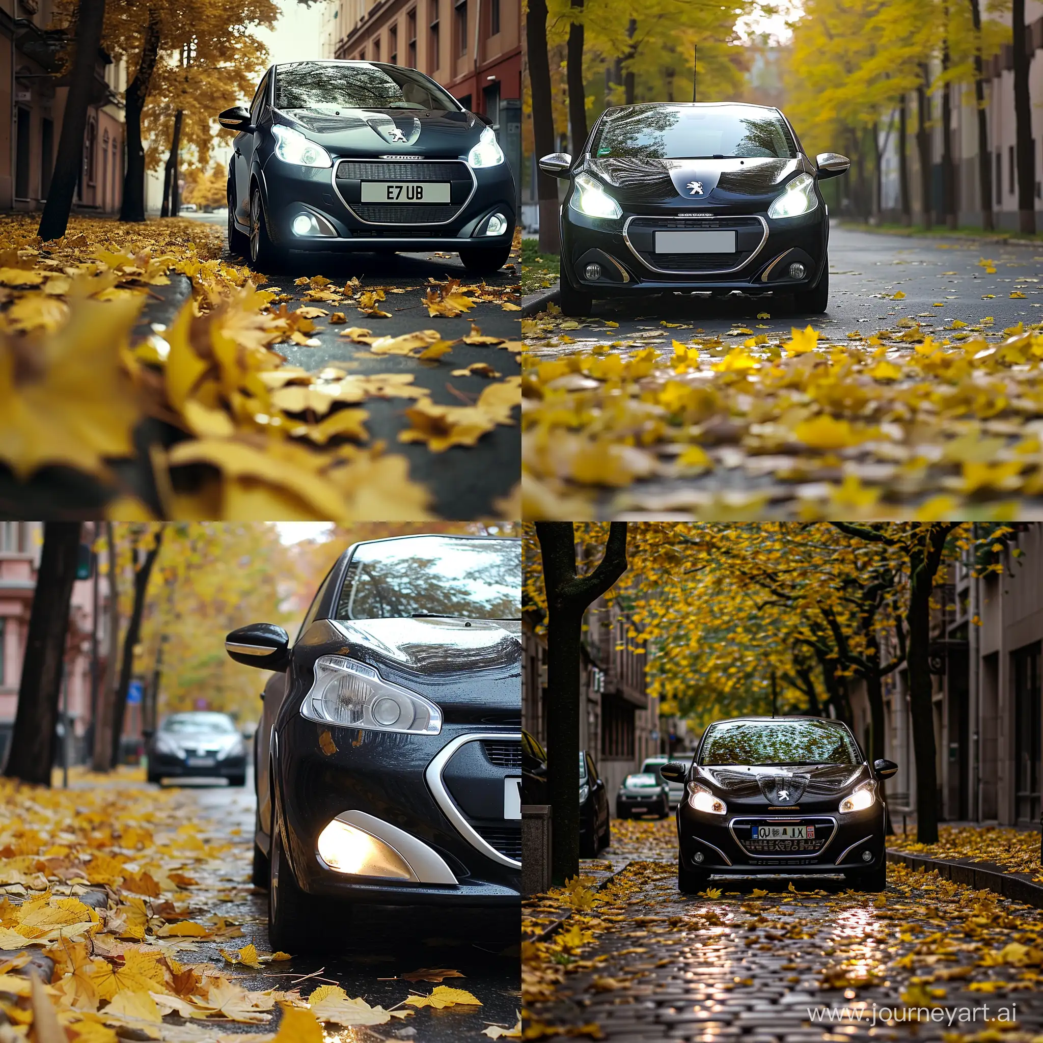 peugeot 207 high beam front light in day in a street that has a lot of yellow leaves on the ground