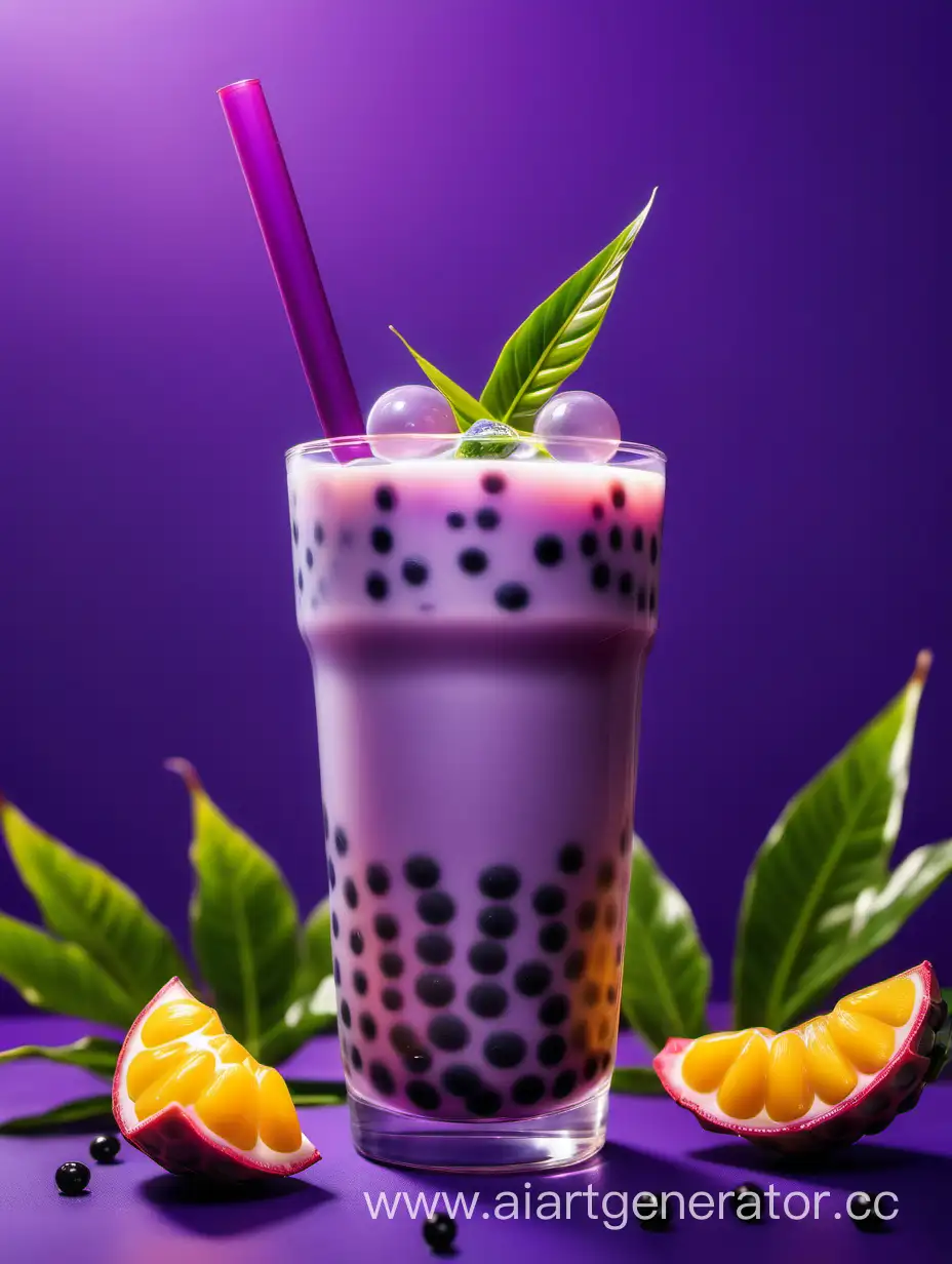 Colorful-Bubble-Tea-Glass-with-Exotic-Plant-Leaves-and-Juicy-Fruits-on-Purple-Background