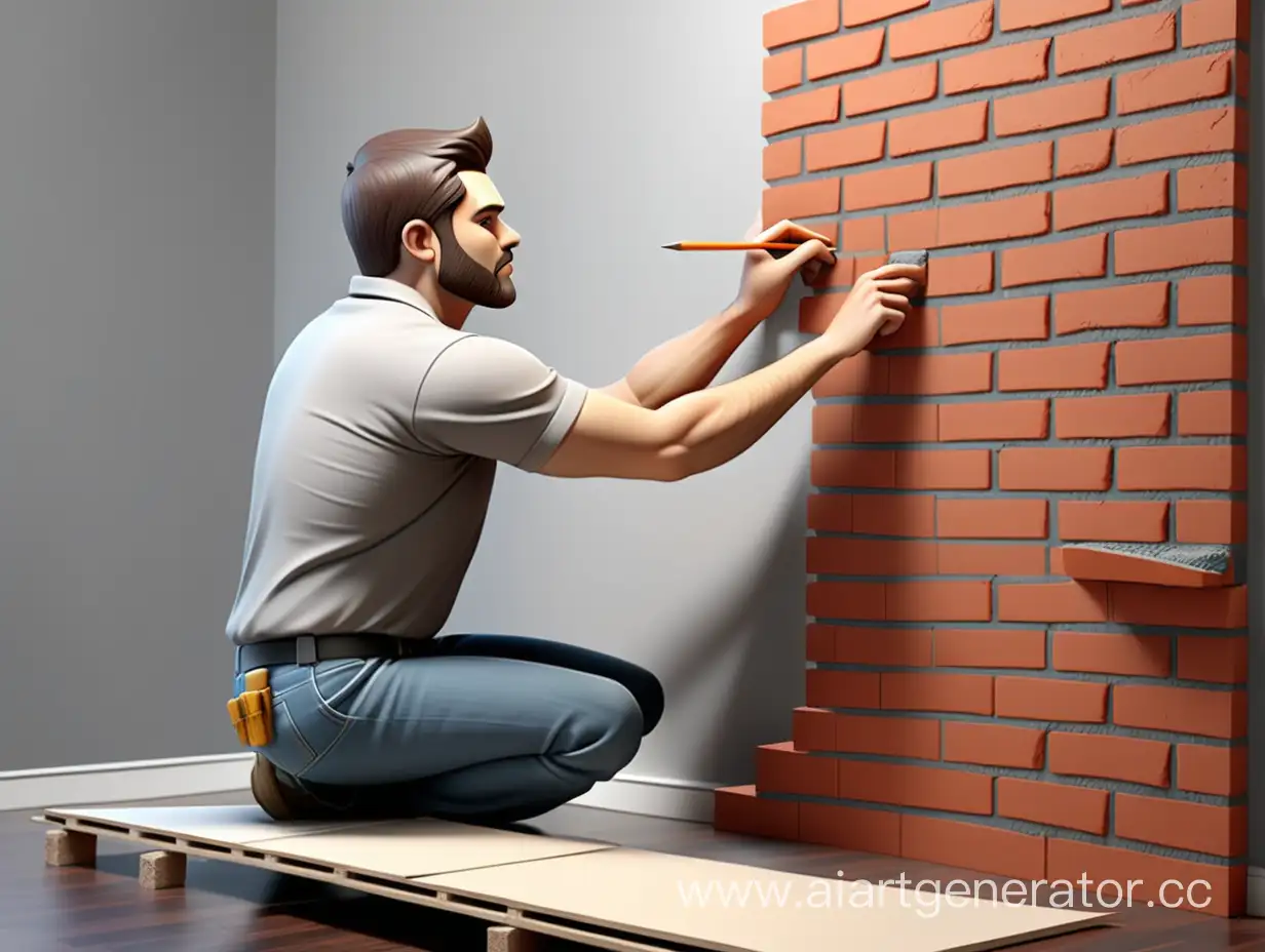 Draw 3D brick half wall and realistic studio builder laying this wall
