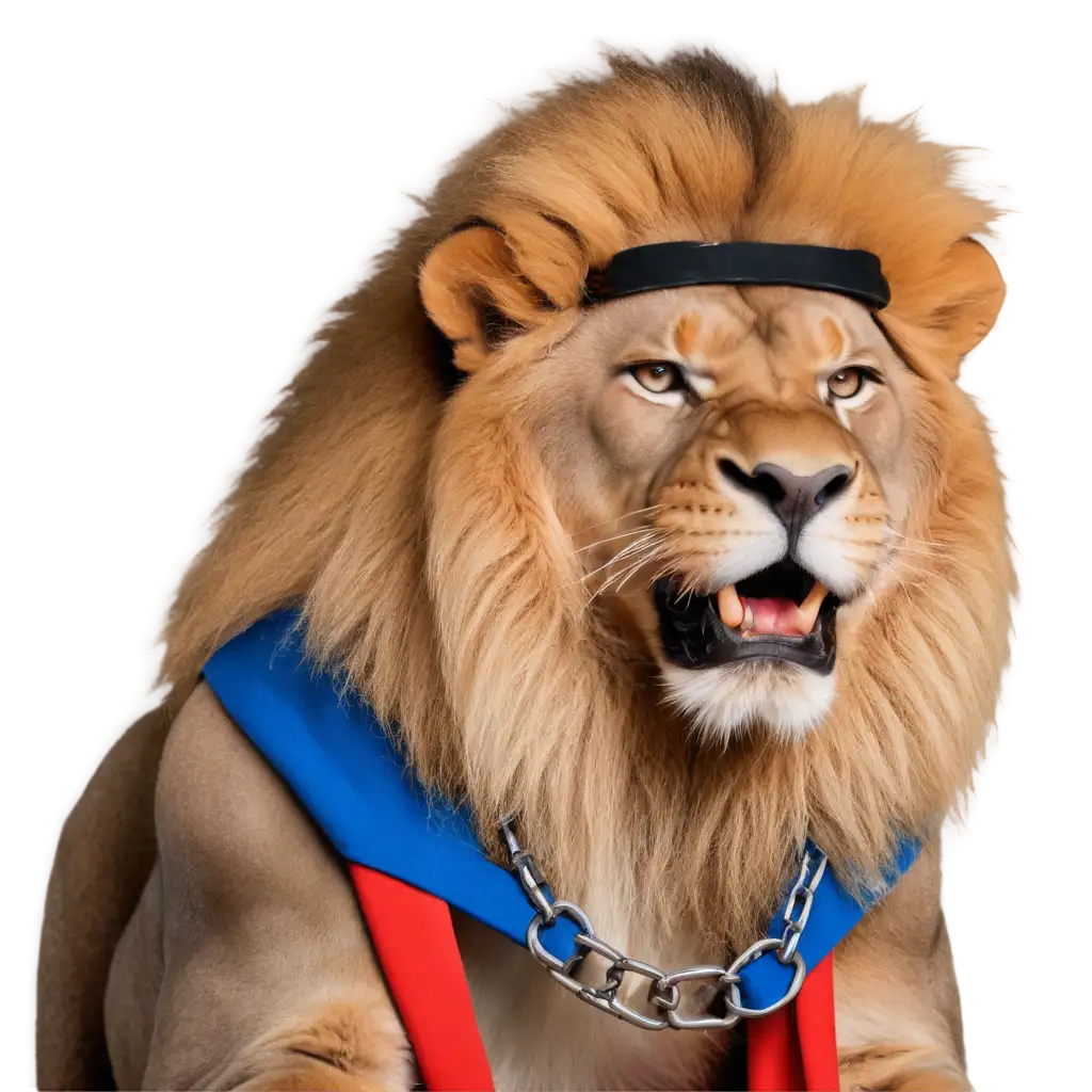 angry  lion with a chain around his neck
with blue, white and red clothes
