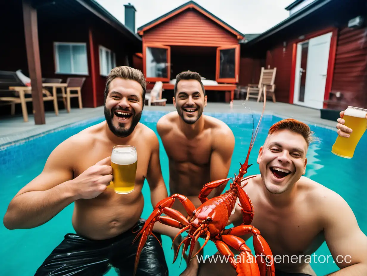 Картинка 3 мужика в сауне , пьют пиво , закуска раки , русалка в бассейне 