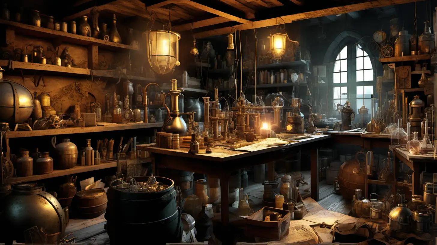 Medieval Alchemists Workshop with Gadgets Chemical Apparatus and Historical Artifacts